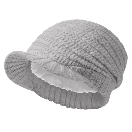 Century Star Women Satin Lined Winter Knit Hat with Visor Newsboy Cap Slouchy Beanie Cap Warm Winter Hat Light Grey One Size